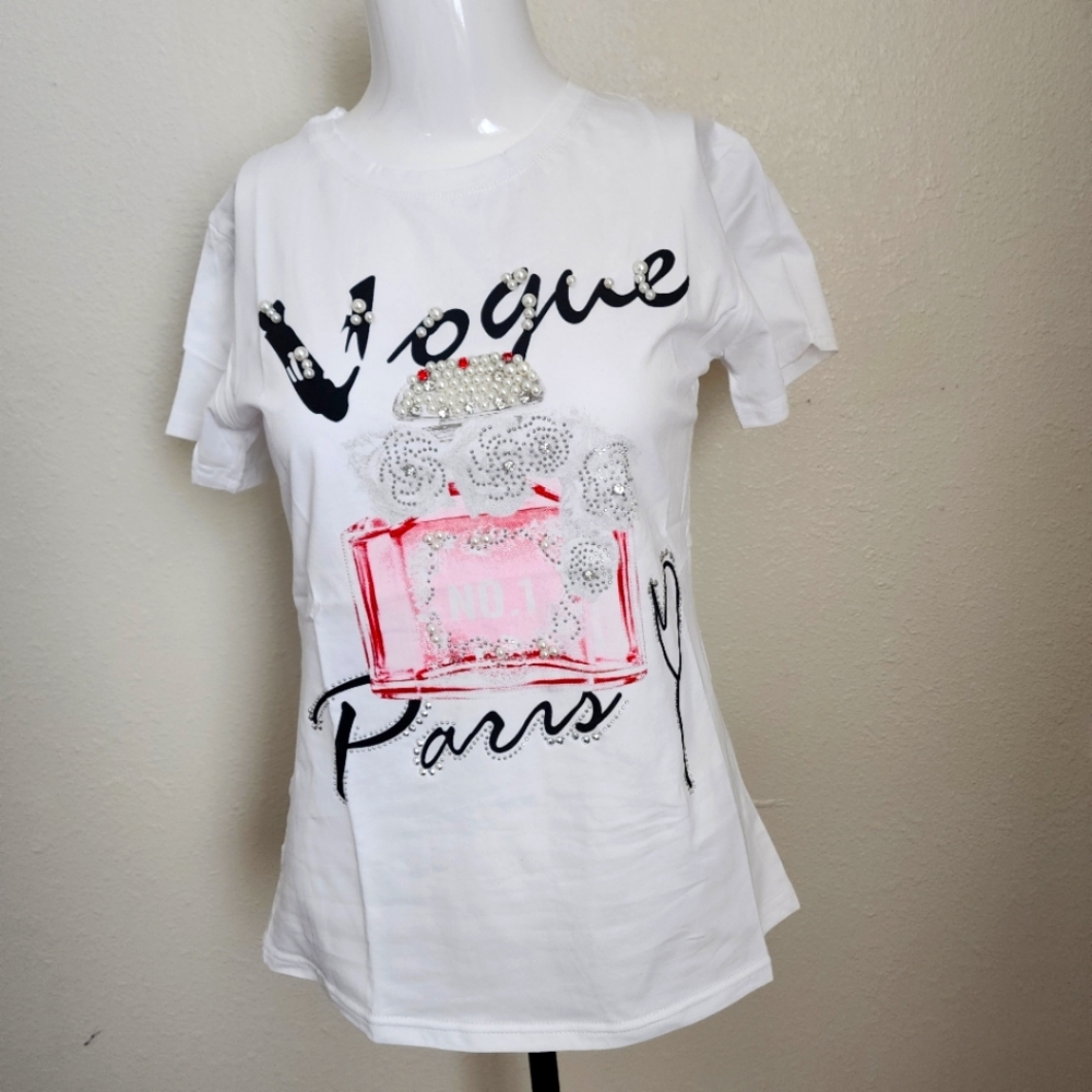 Euro chic beaded rhinestones Short Sleeve Tee with Graphic Designed in italy